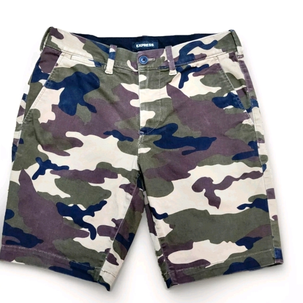 Express Green and Brown Cargo Shorts with Camouflage Design